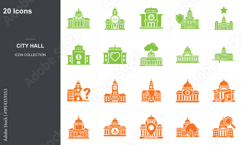 Set of 20 flat design city hall and government building icons in green and orange colors