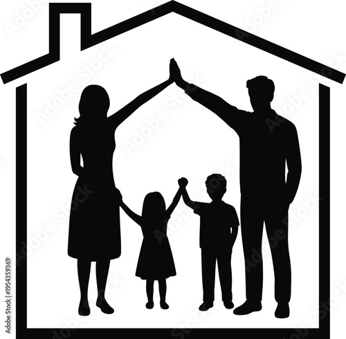Vector silhouette of a family with two kids holding hands inside a house icon for real estate and home insurance