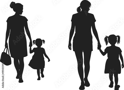 Vector silhouette set of mothers walking with their daughters holding hands in two different poses isolated on a white background