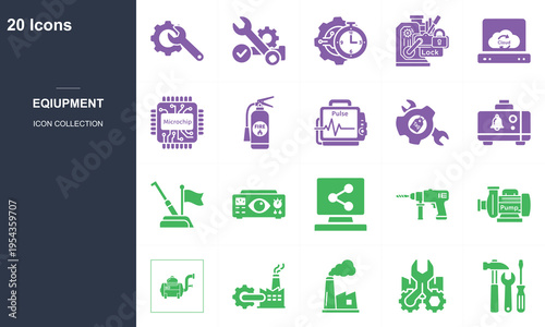 20 flat design icons set of construction and industrial equipment tools on dark background