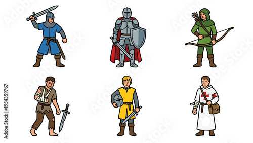 Diverse Cartoon Medieval Characters Set: Knights, Archer, Peasant, and Crusader Illustrations
