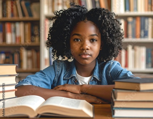 A young African-American girl with curly hair sits in front of a table with open and stacked books, looking directly at the viewer