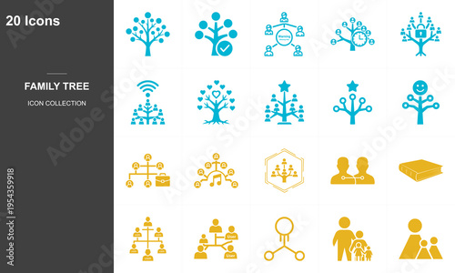 20 flat design family tree icons set with genealogy and connectivity concepts on dark background