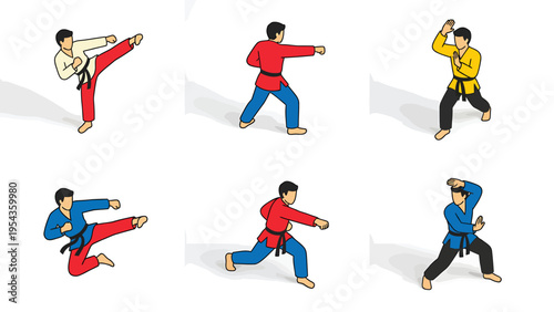 Martial Arts Training Poses Vector Set. Dynamic Kicks, Punches, and Stances for Self-Defense and Fitness.