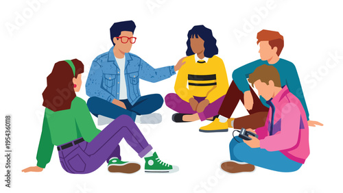 Diverse young adults in a casual circle, illustrating friendship, communication, and mutual support