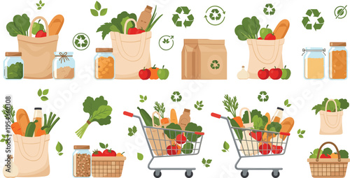 Eco-Friendly Grocery Shopping with Reusable Bags, Organic Produce, and Sustainable Packaging for Green Lifestyle Illustrations