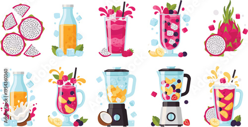 Fresh Fruit Smoothies and Juices with Dragon Fruit, Coconut, and Mixed Berries in Blenders, Glasses, and Bottles for Healthy Drink Illustrations