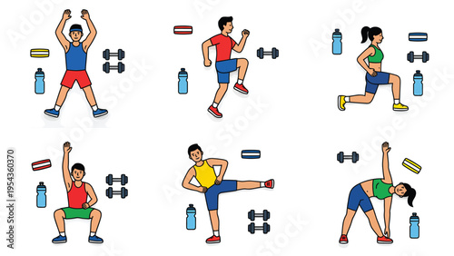 Fitness exercise routine with diverse people and gym equipment. Flat design illustrations for home workout and training.