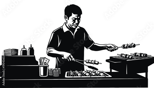 A chef prepares skewers of meat at an outdoor food stall