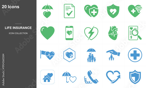 Set of 20 flat design life insurance icons with health, protection, and financial security concepts on dark background