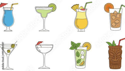 Cocktail vector illustrations of various colorful drinks and glasses