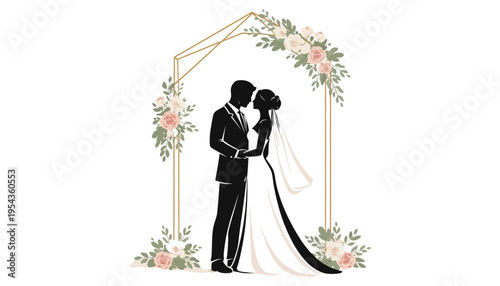 A wedding couple silhouette illustration under a floral arch