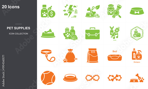 20 flat design pet supply icons set with eco-friendly shopping and pet care essentials