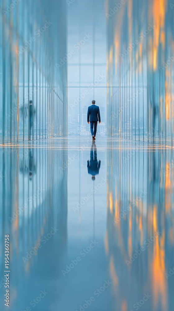 Fototapeta premium Professional Man Walking Through Modern Urban Reflection Corridor
