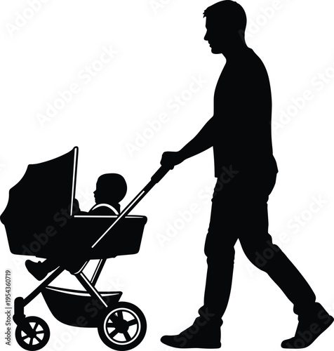 Father pushing baby stroller silhouette walking with infant symbolizing parenting care responsibility family love protection and daily life
