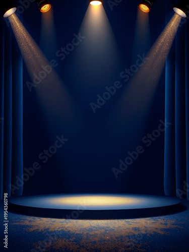 Dark blue stage with golden spotlight lines and glitter texture for award ceremony design. Realistic 3d abstract premium elegant glamour background template for anniversary or winner rewarding.