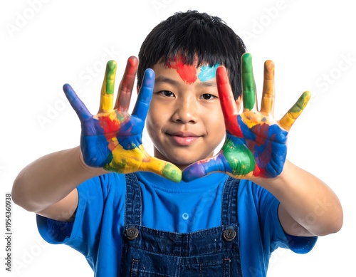 A young Asian child smiles, holding out hands covered in vibrant paint. Colorfully painted palms are spread open, framed in a close-up shot against a white background