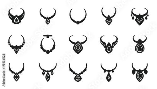 Necklace icon set with various designs and styles for jewelry branding