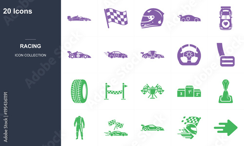 20 flat design racing and competition icons set on dark gradient background