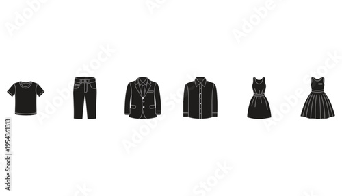 Fashion clothing icon set with various stylish accessories and outfits