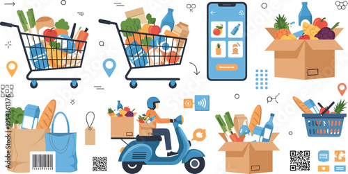 Online Grocery Shopping and Delivery Collection with Shopping Carts Boxes Delivery Boxes Smartphone and Scooter Vector Illustration Set