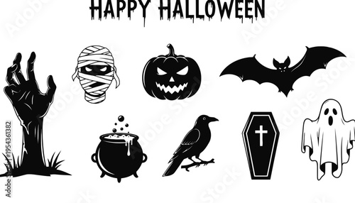 Halloween icon set with various spooky elements and characters