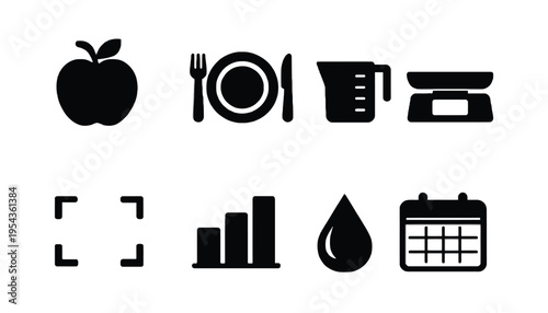A set of black silhouette icons for healthy eating and tracking progress