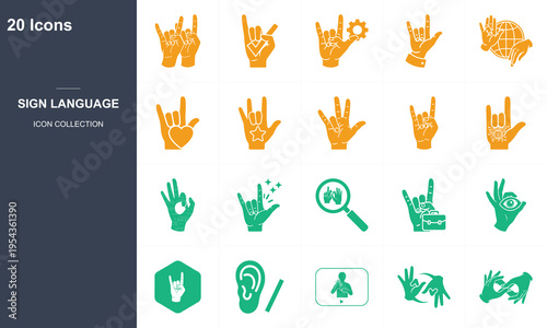 Set of 20 flat design sign language hand gesture icons for communication and education