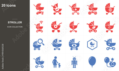 20 flat design baby stroller icons set in red and blue vector illustration for parenting and childcare