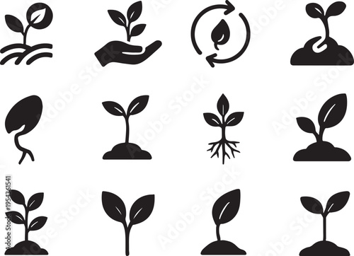 Botany plant growth solid icon set featuring seed, sprout, roots and leaf shapes