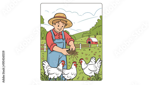 A farmer boy feeding chickens in a green field with a barn