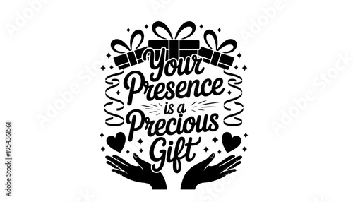 A black and white illustration of a precious gift with hands