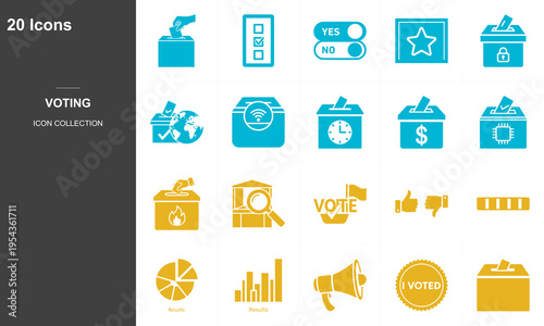 20 flat design voting and election icons set with ballot box, ID check, and megaphone elements on dark background