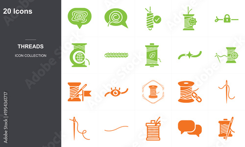 20 flat design sewing and textile icons set with thread spools, needles, and fabric symbols in green and orange