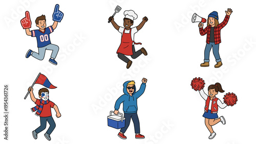 Diverse Cartoon Characters Jumping with Excitement: Sports Fans, Chef, Cheerleader, and Enthusiasts Celebrating Joy