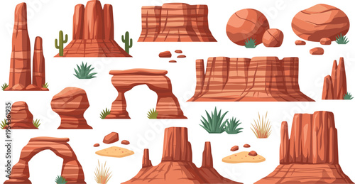 Desert Canyon and Rock Formation Collection with Cacti Sand and Natural Landscape Elements Vector Illustration Set