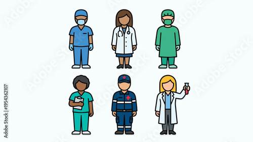 Diverse Healthcare Professionals Icons Set: Doctors, Nurses, Paramedics, and Scientists