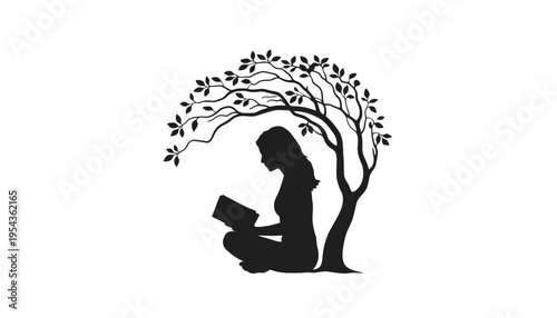A woman silhouette reading a book under a tree illustration