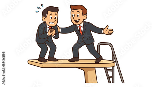 Businessman helping colleague on a diving board with a ladder