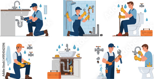 Plumber Repairing Pipes and Fixtures Collection with Tools Leaking Faucets Toilets and Plumbing Work Vector Illustration Set