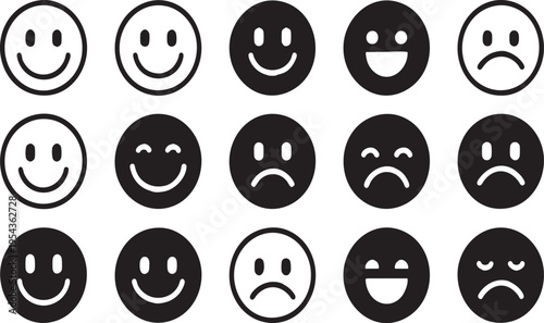 Black and White Emoji Silhouette Icons Set, Simple Emoticon Faces, Transparent Background