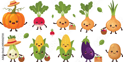 Cute Vegetable Character Collection with Pumpkin Radish Onion Garlic Corn Eggplant and Potato Cartoon Style Vector Illustration Set