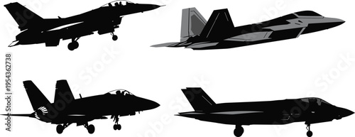 Fighter jet aircraft silhouettes set showing modern military aviation combat airplanes flying and landing defense air force concept