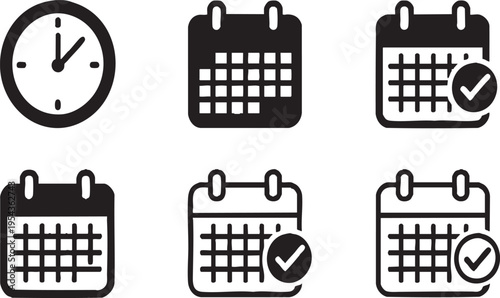 Black Calendar and Clock Icon Set, Weekly Schedule with Checkmark, Transparent Background
