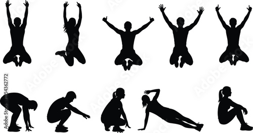 Fitness workout silhouette set, people jumping squats plank exercise training poses, healthy lifestyle sport activity vector illustration
