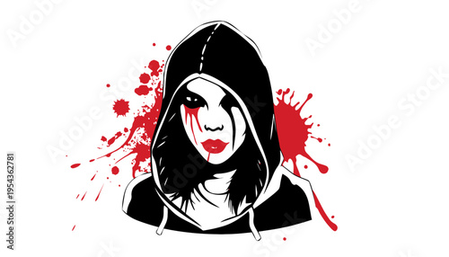 A woman in a black hoodie with blood splatter and red makeup