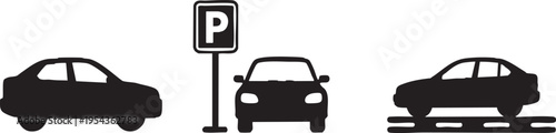 Black car silhouettes and public parking sign icon set, transparent background