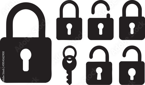 Black Padlock and Key Icon Set Locked and Unlocked Symbols Transparent Background