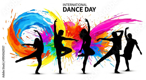Silhouettes of dancers celebrating international dance day with colorful abstract background