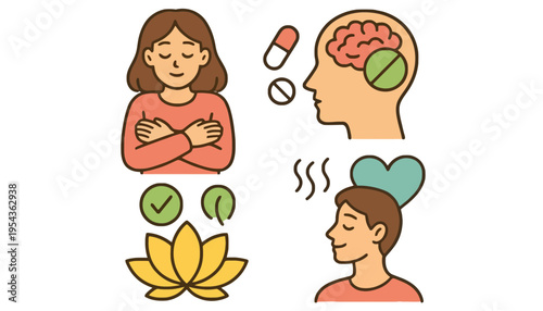 Mental health illustration with a woman and a man meditating peacefully